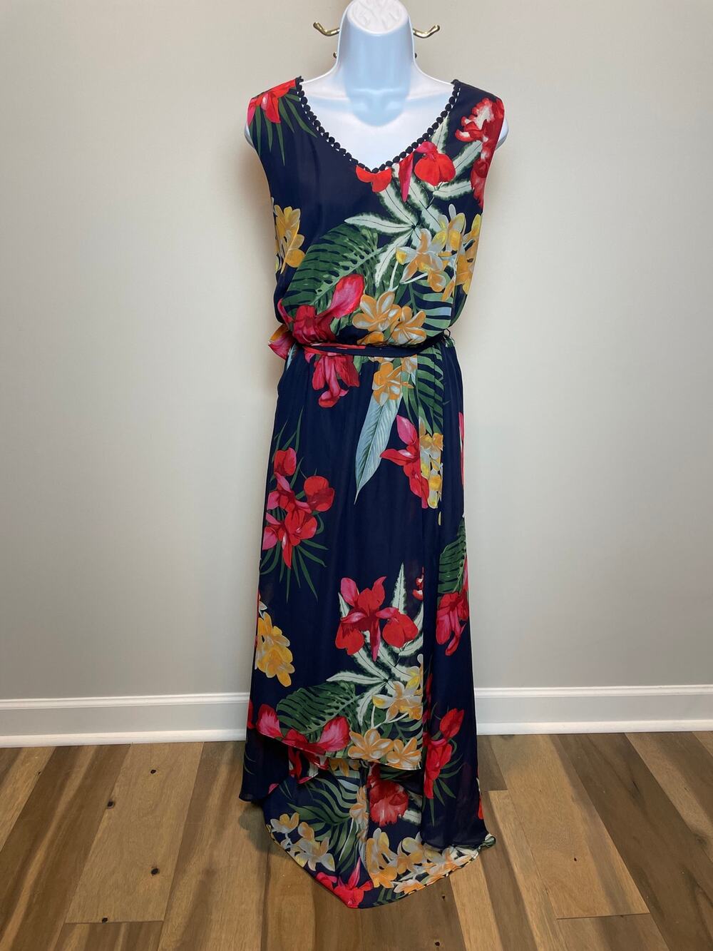 Apt 9 Chiffon High Low Maxi Dress Navy Tropical Floral Sleeveless Womens Size XL
